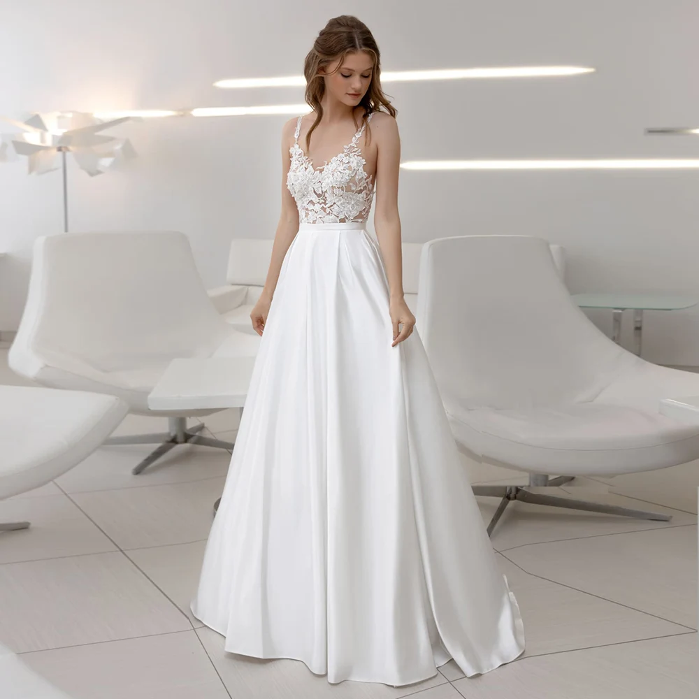 ADLN Classic Spaghetti Straps Satin Wedding Dresses with Pearls Sexy Back Robe de Mariee A-line Bridal Gown Customzied