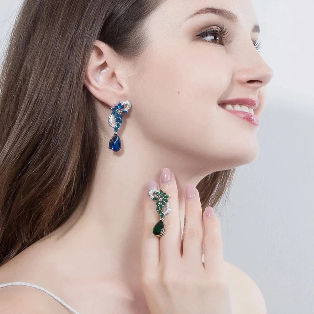 CWWZircons Brand Unique Design Silver Color Luxury Cubic Zircon Flower Drop Stones Long Royal Blue Earrings for Women CZ234 image 2