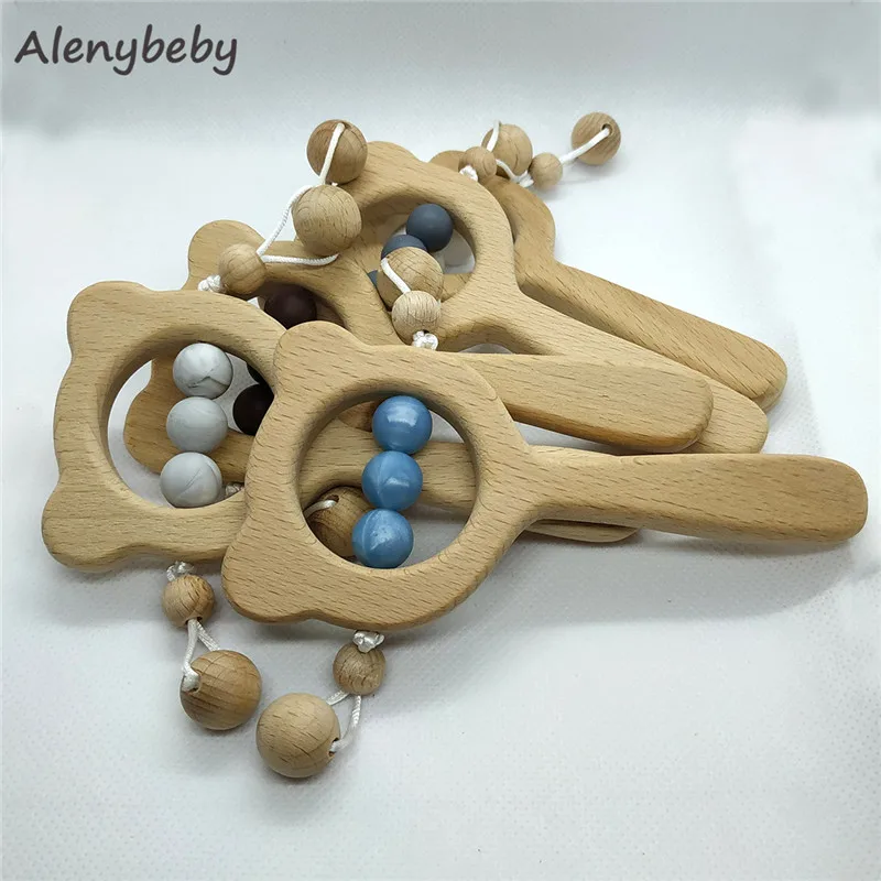 

1pc Beech Wooden Rattle Toys Silicone Bead Teether Infant Baby Teething Grip training Chewable Play Gym Montessori Stroller Toys