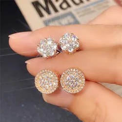 Huitan Luxury CZ Stud Earrings for Women Piercing Round/Flower Shaped Ear Earrings Bridal Wedding Accessories Fashion Jewelry