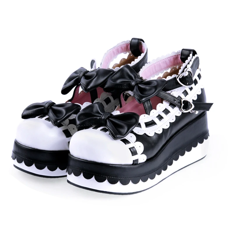 Princess Platform Female Lolita Women\'s Shoes Lace Bow Dress Shoes Anime Kawaii Platform Pink GOTH Retro Lolita Wedge Shoes