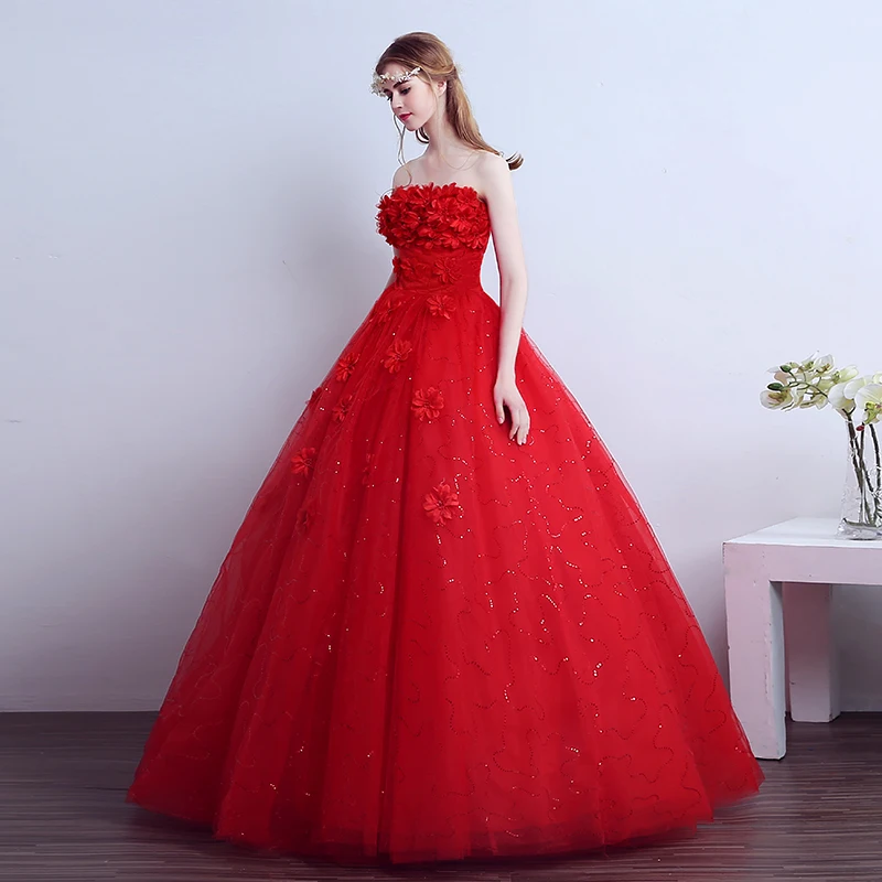 AnXin SH flower lace red princess sparkly bride strapless littler flower vintage white ball gown customized wedding dress