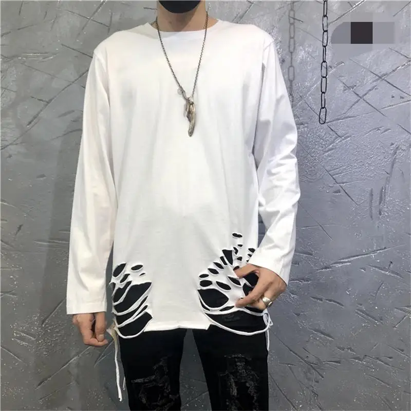 

Men's Long Sleeve T-Shirt Spring And Autumn New Solid Color Round Collar Loose Hole Design Youth Fashion Trend Undershirt