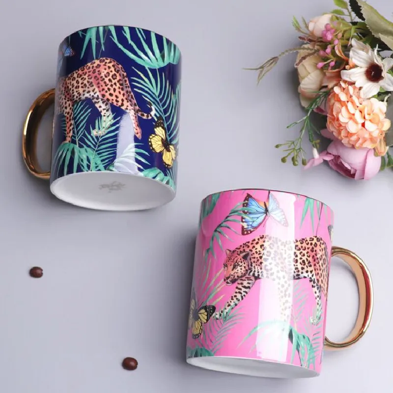 Porcelain Mugs Ceramic Coffee Cups & Saucers Pot Kitchen Tableware Wedding Gifts Birthday Presents Pink/Blue Jungle Series