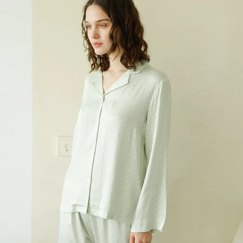 Soft Viscose Women\'s Long Sleeve Turn-down Collar Pajama Sets Long Pants White Dot Light Green Loose Sleepwear Spring Autumn