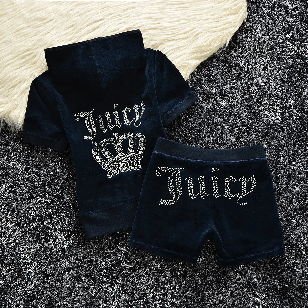 Juicy Lovers Brand Summer Fashion Slim Shiny Diamonds Velvet Casual Tracksuits Women Sportswear Suit Yoga Tennis Dress suits