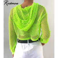 Rockmore Hooded Hoodie Tshirt Ladies Neon Green Shirts Women oversized Long Sleeve Crop Top Transparent Mesh T-Shirt Streetwear