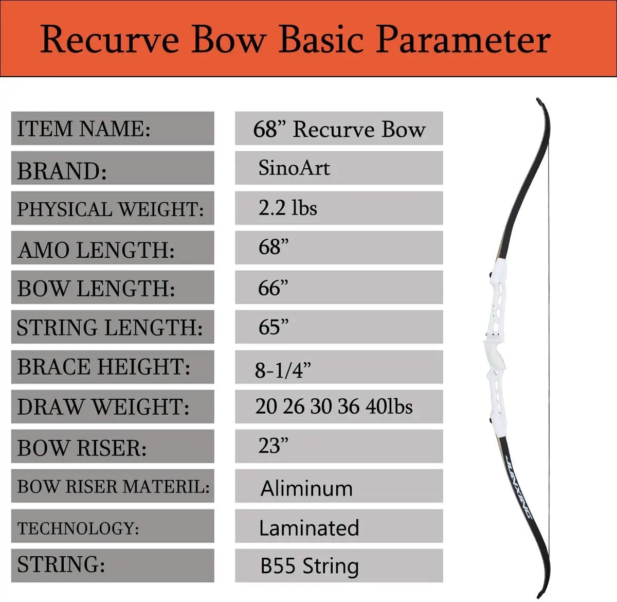 68inch Metal Riser Takedown Recurve Bow Adult Archery Competition Athletic Bow Weights 20-40Lbs Right Handed