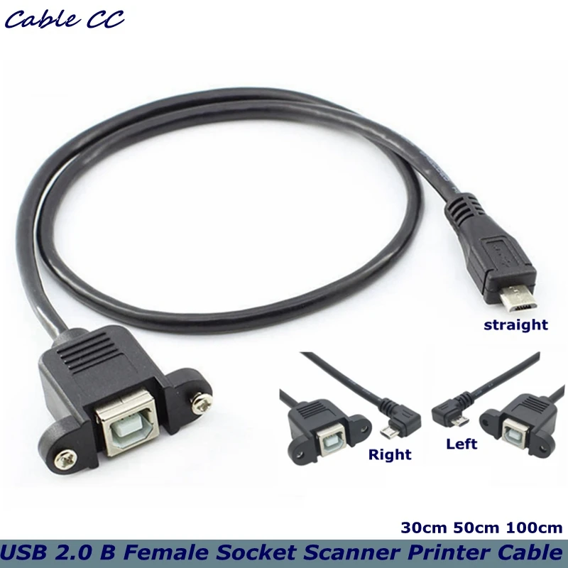 New USB 2.0 B Female Socket Scanner Printer Panel Mounted to USB Micro B 5-pin 90 Degree Male Cable Best Quality 30cm 50cm 100cm