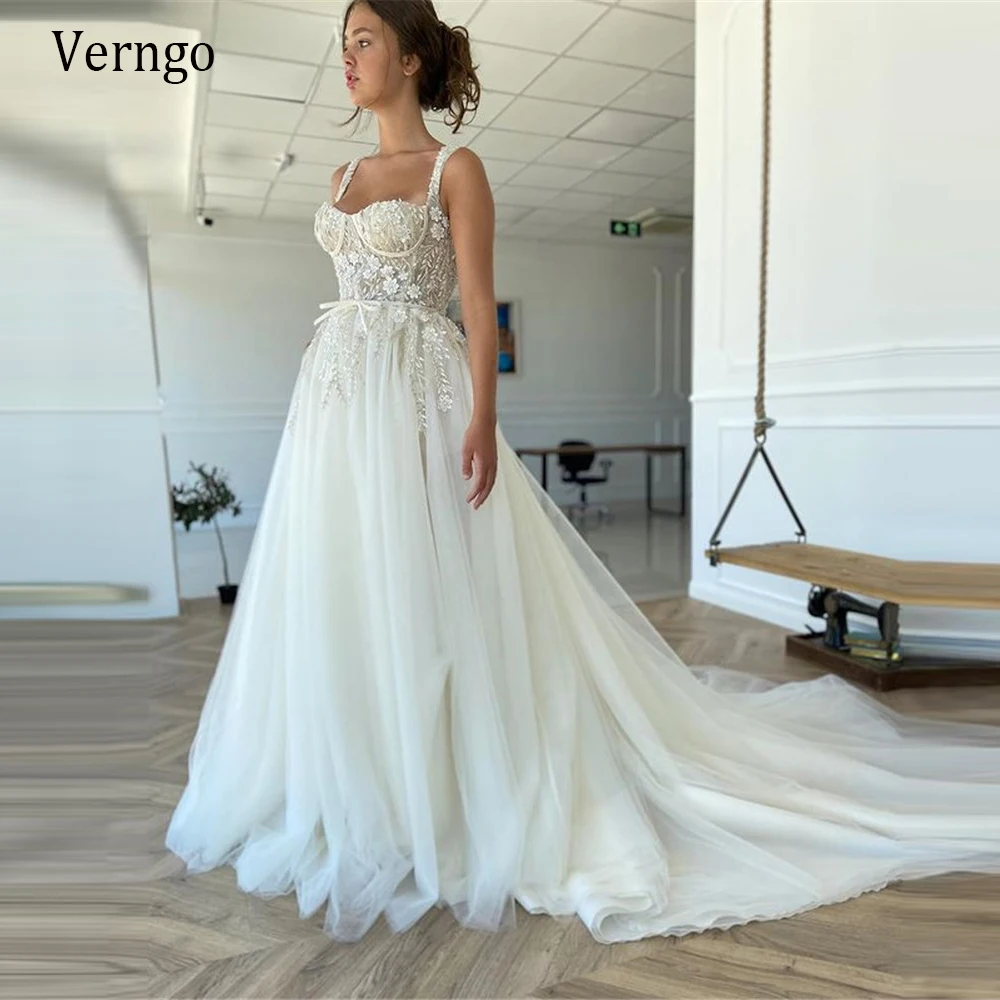 

Verngo New 2021 Pretty A Line Floral Lace Wedding Dress Straps Sweetheart 3D Flowers Tulle Garden Country Bridal Gowns Robes