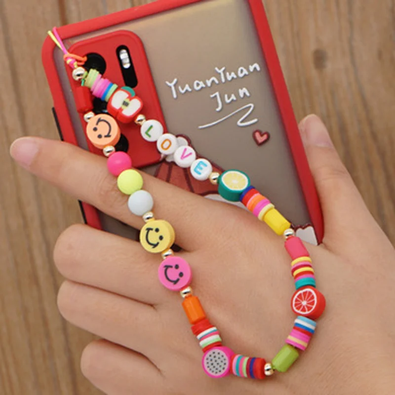 Ladies mobile phone lanyard color beaded mobile phone chain soft pottery love phone strap Mobile phone accessories