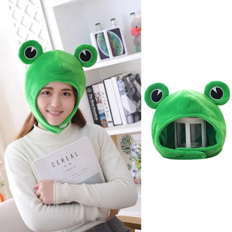 Novelty Funny Big Frog Eyes Cute Cartoon Plush Hat Toy Green Full Headgear Cap Cosplay Costume Winter Festival Party Dress Up