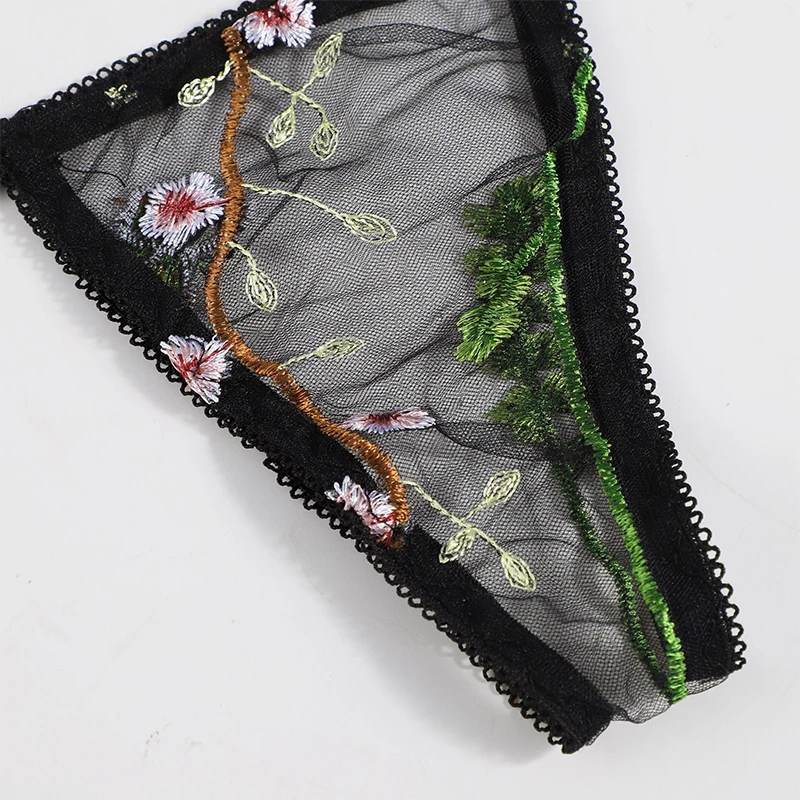 Sexy Women Hot Lingerie Lace Embroidery Floral Transparent Bra Panty Garter Belt Set Female Exotic Sexy Dress Night Sex Lenceria