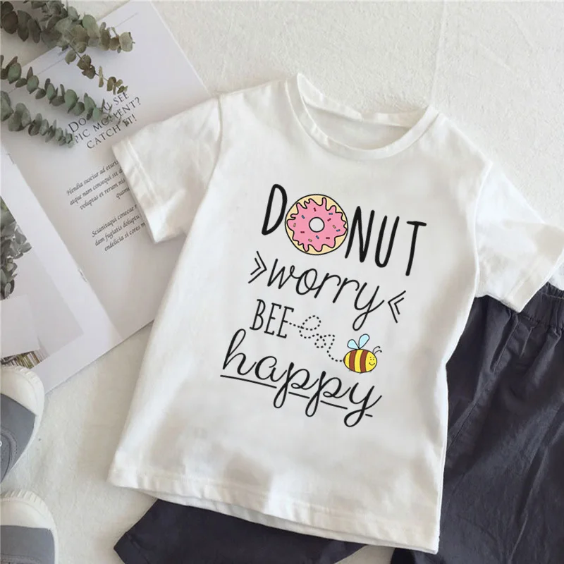 Donut Worry Be Happy Print T shirt For Girls Cartoon Funny Kids Tops Summer Baby Boys Clothes Cute Children T-shirt,HKP5386