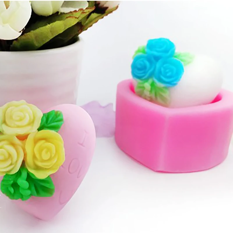 3D Rose Flowers Silicone Chocolate Mould Heart Love Soap Mold Candle Polymer Clay Mold Crafts DIY Forms Soap Base