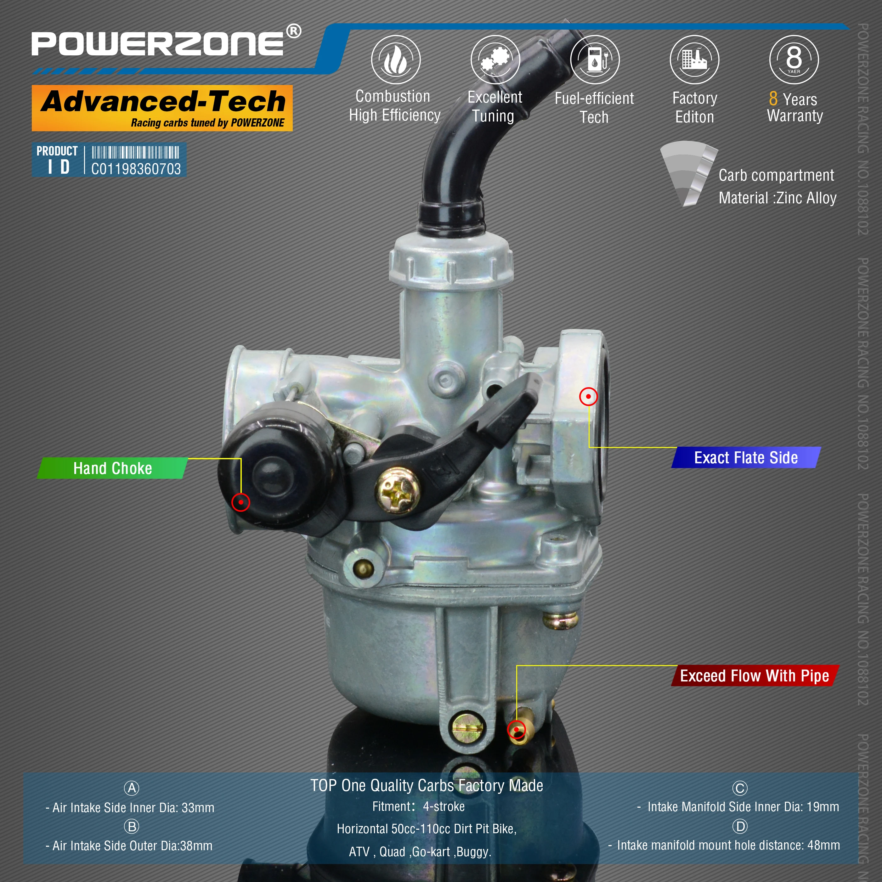 Powerzone  Carburetor PZ19 19mm  CVK  Accelerator Pump Carb For Horizontal 50cc-110cc Dirt Pit Bike,ATV , Quad ,Go-kart ,Buggy