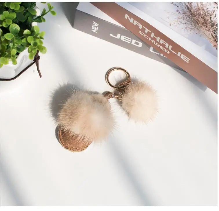 Real Mink Fur Trim Mini Slippers Keychain with Genuine Fur Pompom Ball Natural Shearling Sheep Leather Bag Charm Holder\'s Car