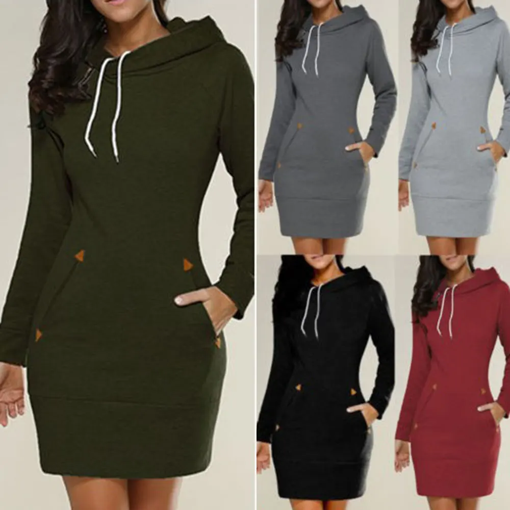 Gentillove Casual Zipper Pockets Hoodies Dress Vintage Harajuku Solid Sweatshirts Elegant Mini Dress Long Pullover Women Clothes