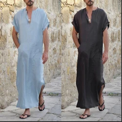 Saudi Arab Dubai Long Jubba Thobe for Man Muslim Islamic Traditional Clothing Long Robe Loose Kaftan Summer Short Sleeve Shirt