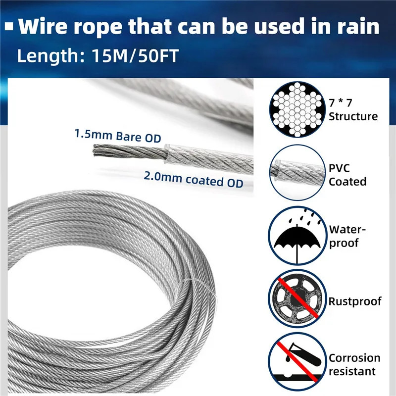 1 Set Multifunctional Wire Rope Kit Hanging Stainless Steel Cable Tent Rope Clothesline 15M