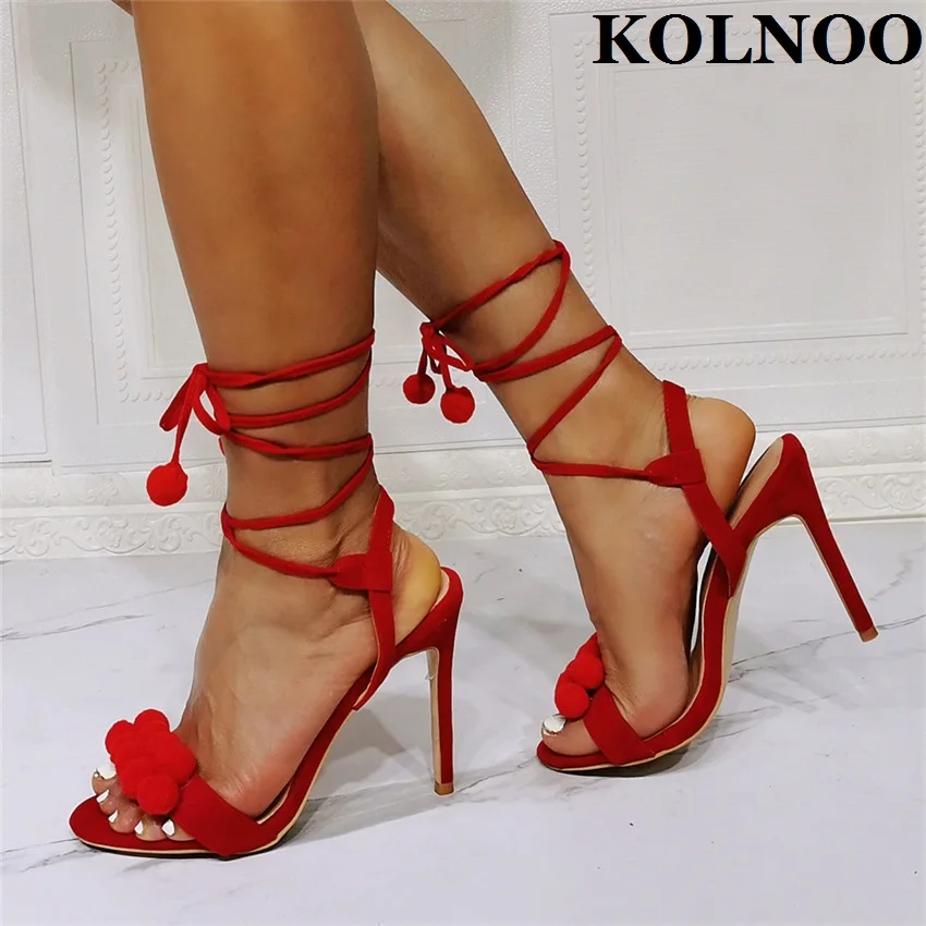 

Kolnoo Ladies Handmade New Hot Sale High Heeled Sandals Crisscross Shoelace Fur-ball Open-toe Summer Evening Club Fashion Shoes