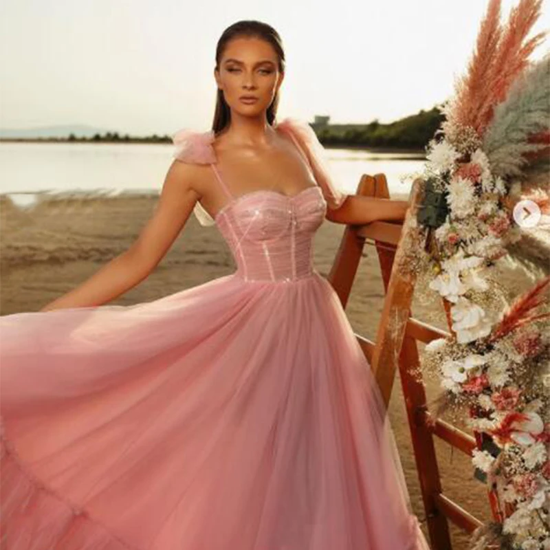 SoDigne-vestido de fiesta de graduación rosa de tul brillante arrugado, tiras de volantes, vestido escalonado de Noche, Vestidos de fiesta de boda