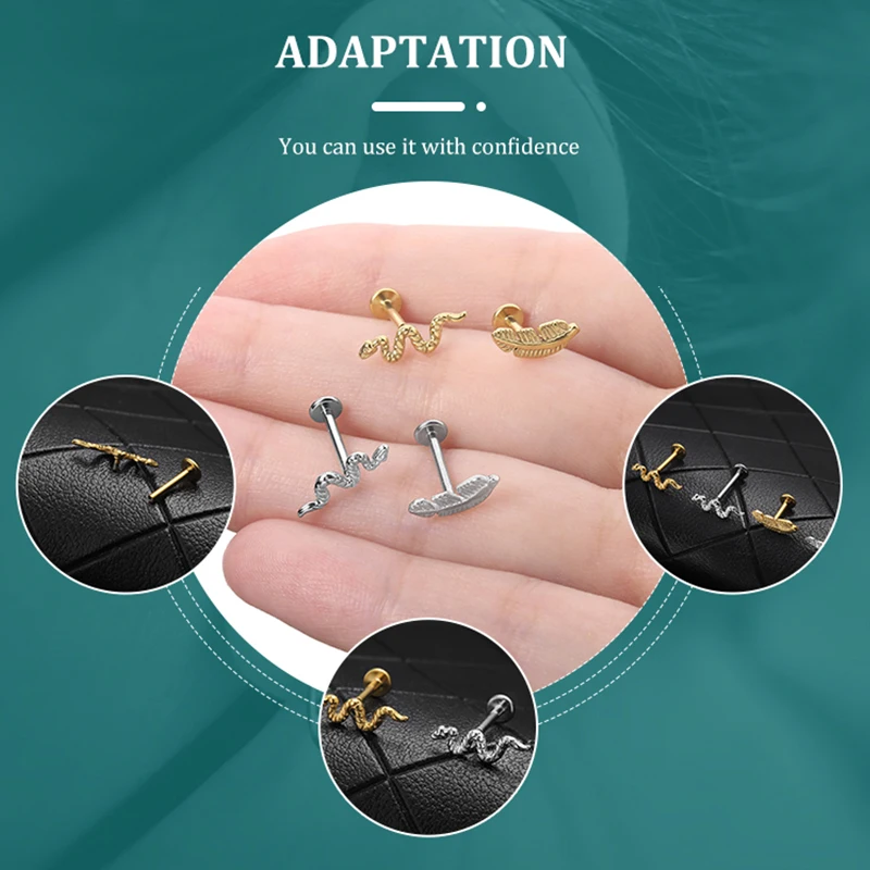 G23 Titanium Antiallergic Snake Leaf Ear Stud Conch Helix Screw Tragus Cartilage Daith Earrings Body Piercing Jewelry 16G