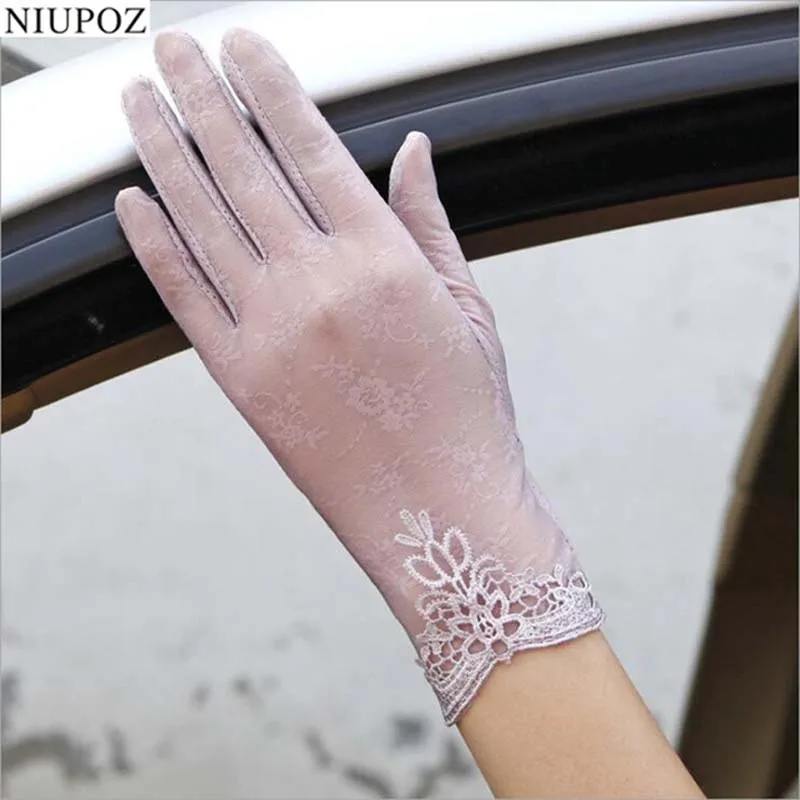 Sexy Summer Women UV Sunscreen Short Sun Female Gloves Fashion Ice Silk Lace Driving Of Thin Touch Screen Lady Gloves G02E