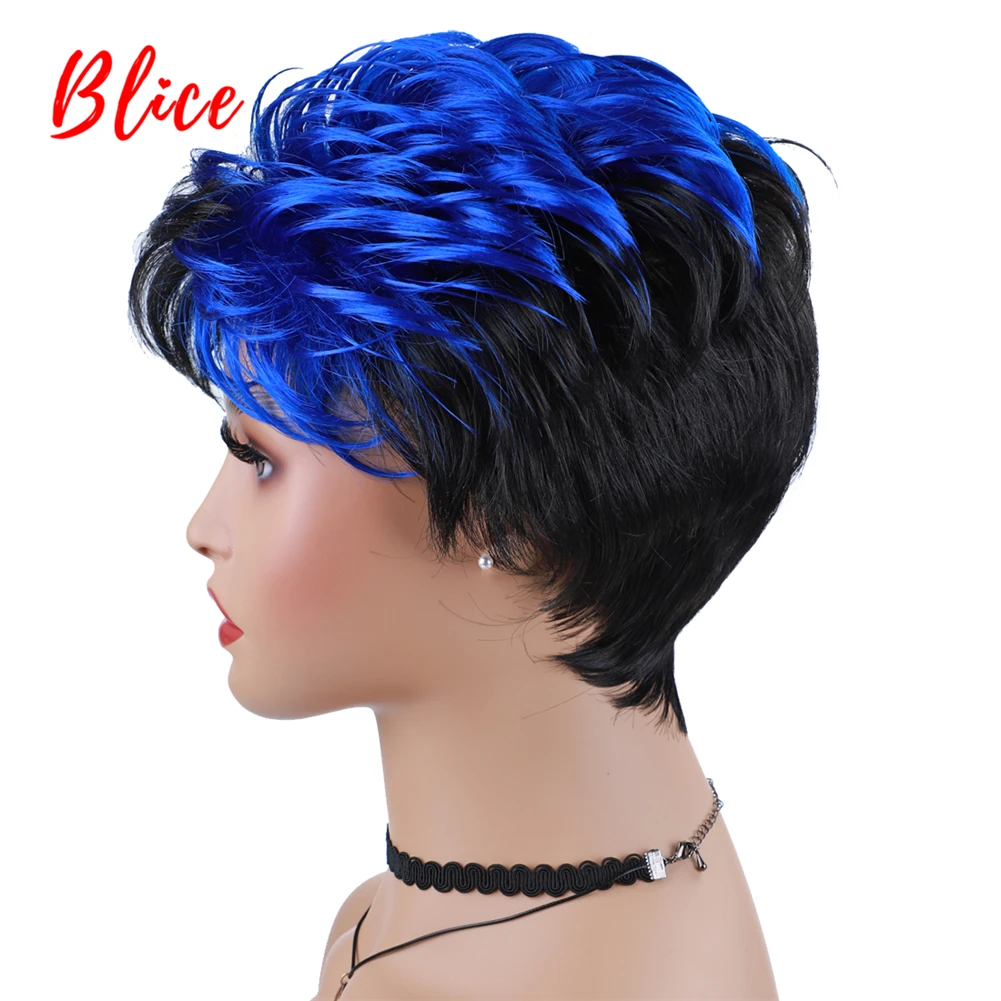 Blice Synthetic Hair Mixed Color Wigs Short Wavy For Black Women Heat Resistant Kanekalon Wig 1B/Blue Daily Wig