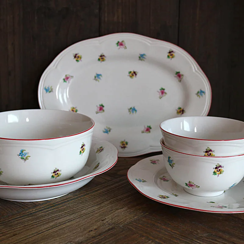 Red Edge Floral Country Style Table Set/Ceramic Plate Bowl Soup Bowl Household