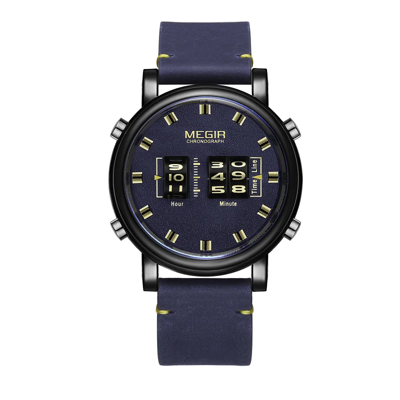 MEGIR Original Creative Digital Luxury Top Brand Quartz Men Leather Relogio Masculino New Army Business Drum Roller Wristwatches