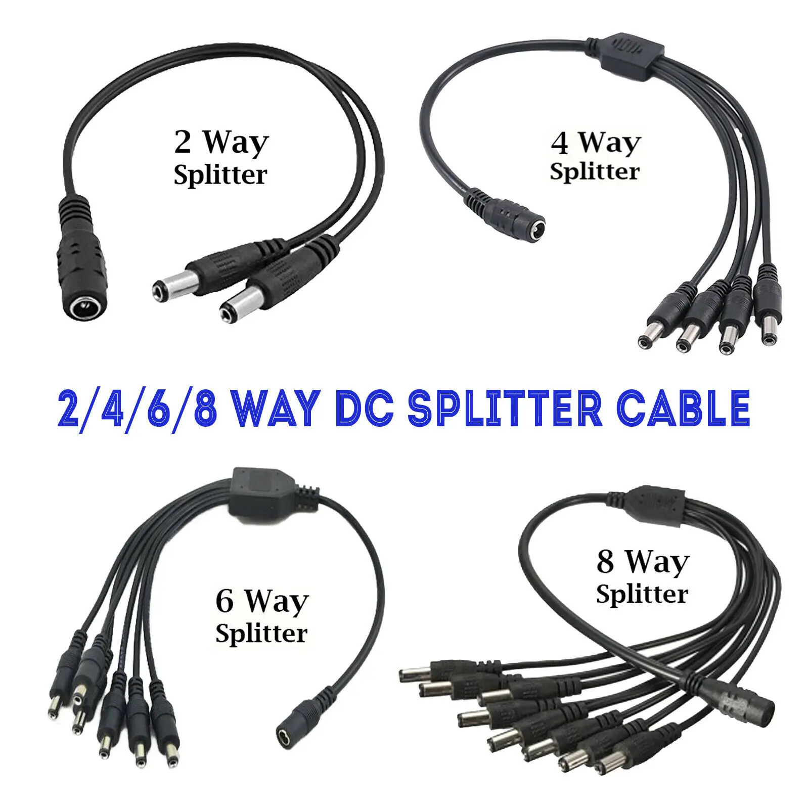 2 4 6 8 Way CCTV DC Power Splitter Adapter Cable for 12V 9V PSU Security Camera