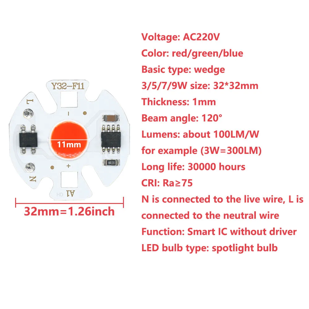 3W 5W 7W 9W 220V LED COB Lamp Chip Smart IC NO Need Driver For Flood Light Spotlight Lighting White/Warm/Natural/Red/Green/Blue