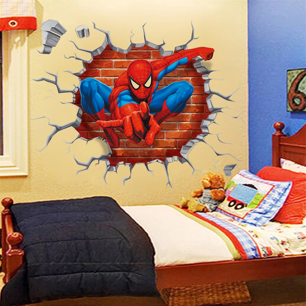 Pegatinas de pared de Superman y Spiderman, calcomanías 3D para decoración de habitación de niños, 45x60