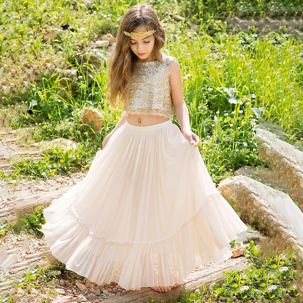 

Two Pieces Boho Rustic Flower Girls Dress A Line Tiered Tulle Sequin Bohemian Pageant Birthday Princess Junior Bridesmaid Gowns