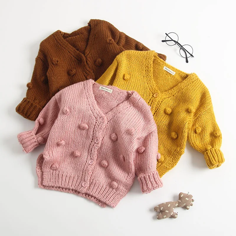 Pudcoco US Stock New Fashion Autumn Winter 1-3 Years Toddler Baby Girl Sweater Warm Knitting Solid 3D Ball V-Neck Winter Jackets