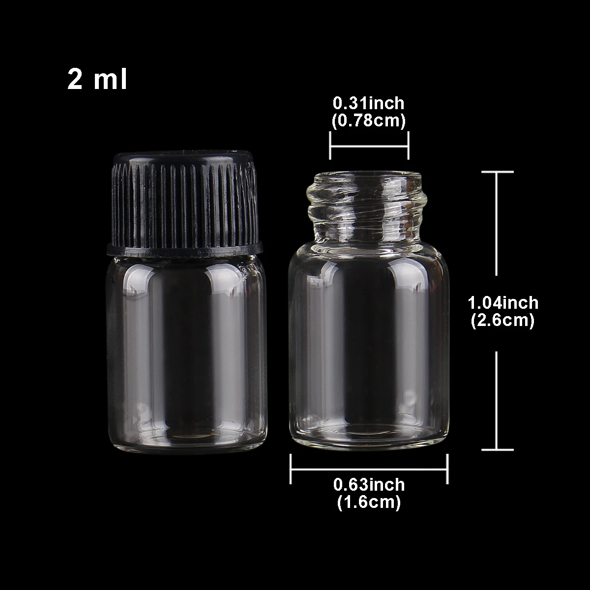 10pcs 2ml 16*26.5mm Glass Bottles with black Plastic Lids Glass Vials Small Mini Glass Jars Potion bottles for Art Craft