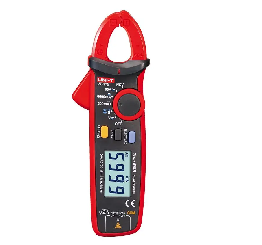 UNI-T UT211B AC/DC 60A Mini Digital Clamp Meters; True RMS Ammeter, V.F.C./NCV/ Resistance/Capacitance Test, LCD Backlight