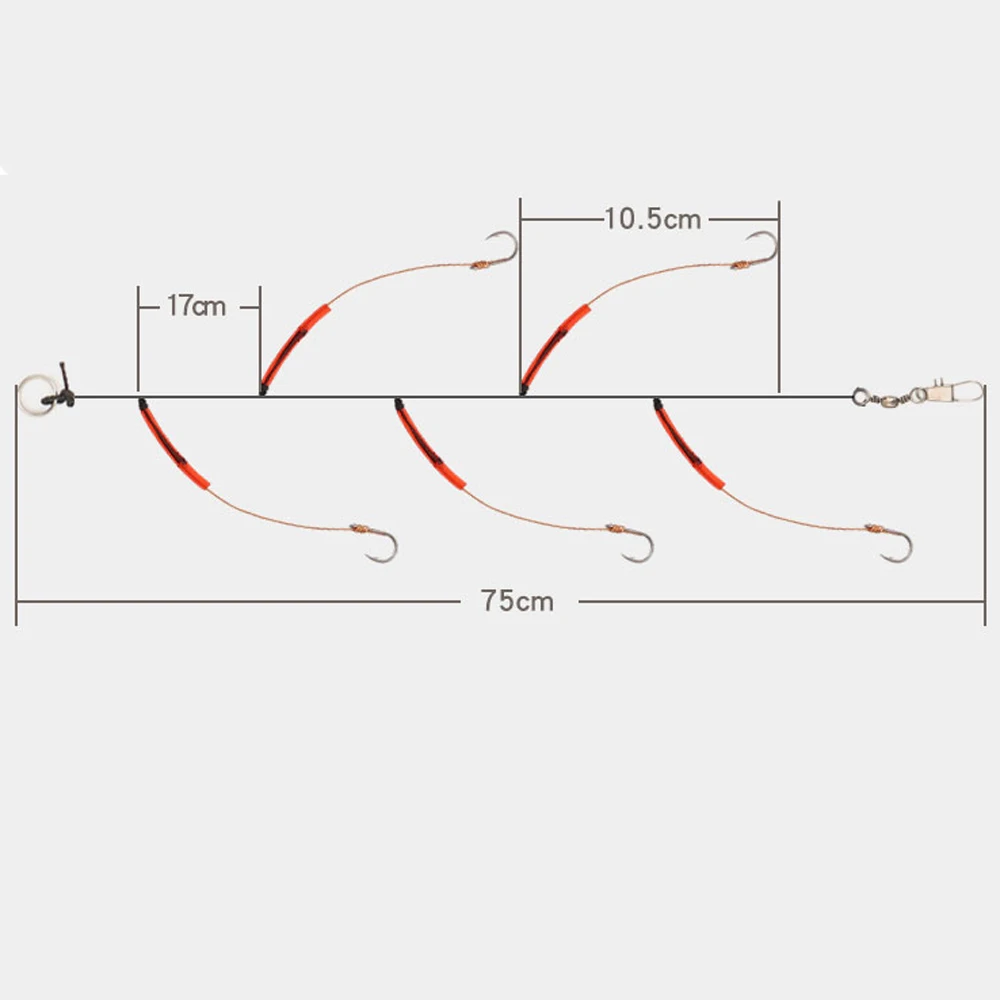 5er-Pack Hochkarbon-Stahl-Angelschnur mit 5 Einzelhaken, Wirbelködern und Bleigewichten für Meeresangeln – Pesca 3 # -13 # – Detail 2