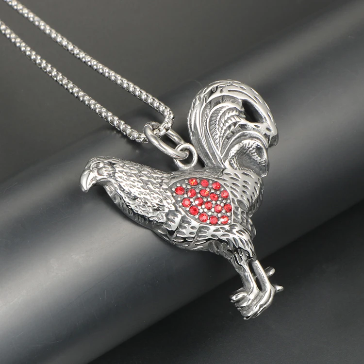 Male Titanium Steel Red Cubic Zirconia Rooster Pendant Necklace Punk Necklace Animal Portrait Necklace