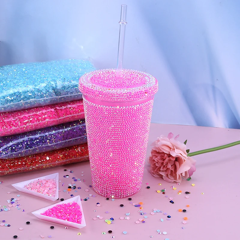 Wholesale Resin Rhinestone With 450ml Drink Bottle Cup Reusable Plastic DIY Handmade Glitter Art For Accessories Decoration