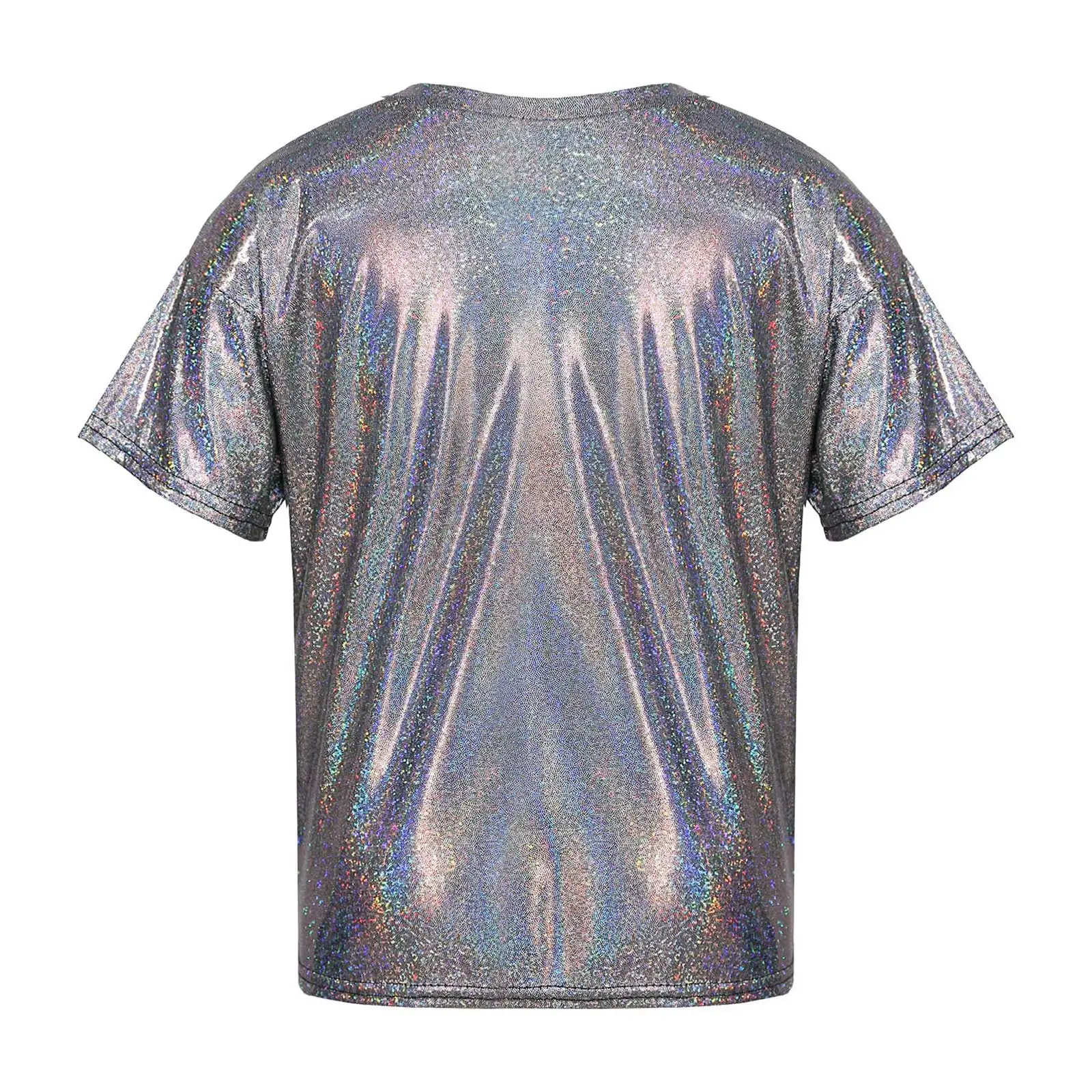 Kids Boys Girls Shiny Metallic Jazz Street Dance Tops Short Sleeve T-shirt Children School Party Stage Performance Dancewear