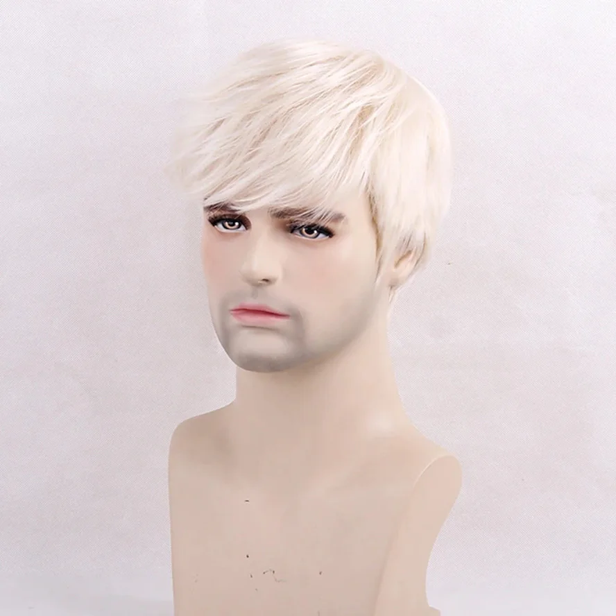 Real Remy Human Hair Blend best male full Wigs Natural looking Wig Short Blonde layered Costume Wig for Men with bangs