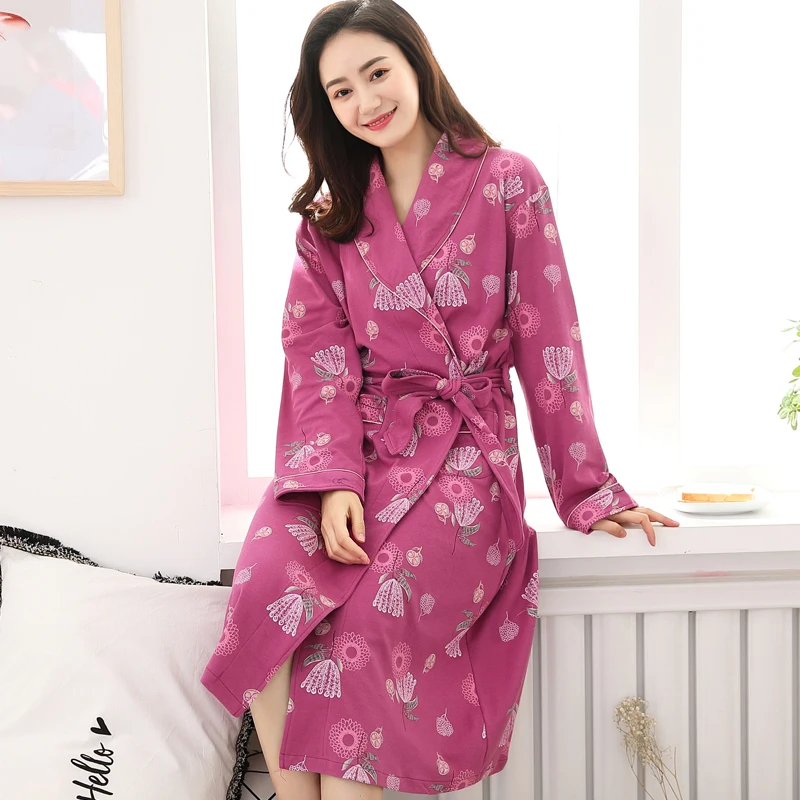 

Autumn Cotton Women Robe Long Sleeve Print Casual Soft Women's Bathrobe Loose Womens Kimono Robes Nightwear