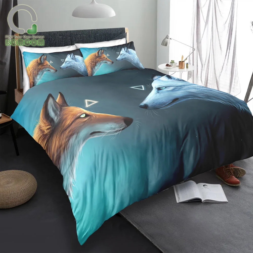 BOMCOM 3D Digital Printing Bedding Set Yellow Fox White Wolf Shiny Eyes Blue Background Duvet Cover Sets 100% Microfibe