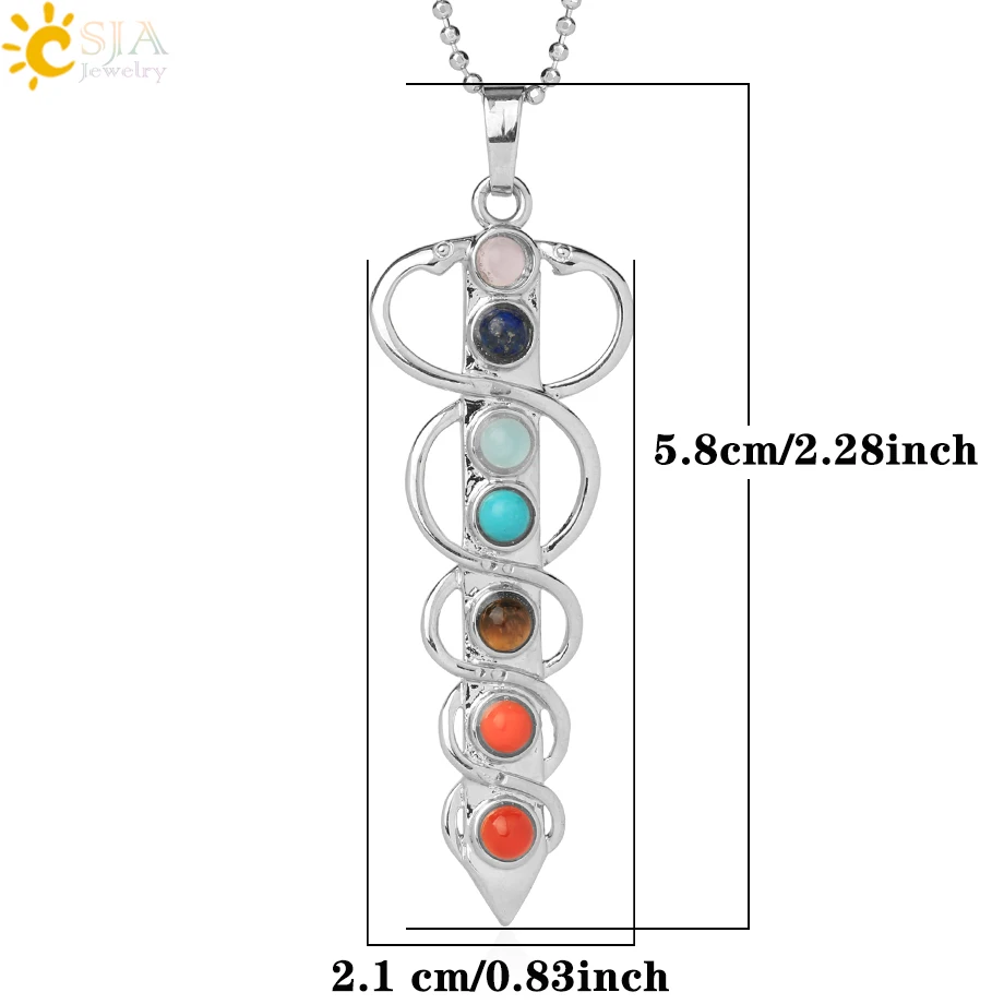 CSJA Stone Beads Pendant Necklace Yoga Symbol Inlaid Reiki Energy Stone Healing Point 7 Chakra Charm Pendant Necklace E039