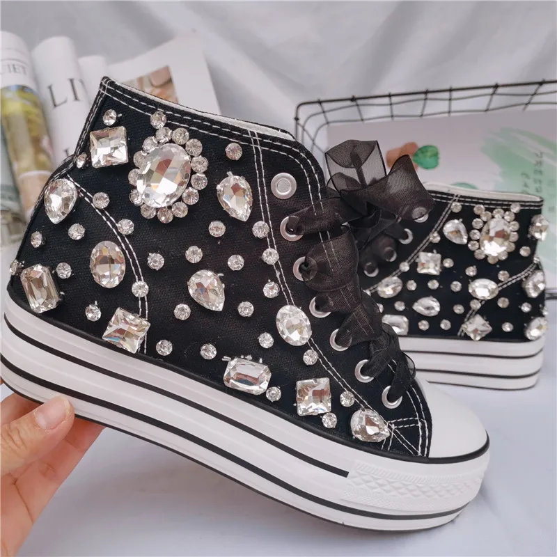 Cute Crystal Women\'s Canvas Shoes Gemstone Handmade Diamond Thick-soled High-top Shoes