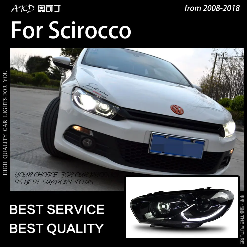 AKD تصفيف السيارة ل Scirocco LED المصباح 2008-2018 شيروكو رئيس مصباح LED DRL العارض عدسة عالية شعاع اكسسوارات السيارات