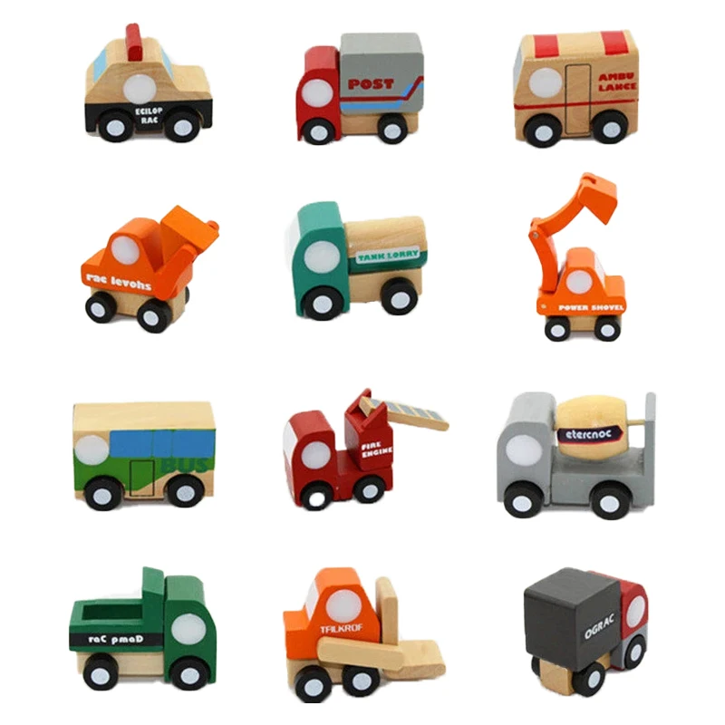 12pcs/set Mini wooden car/airplane/ military vehicle Soft Montessori wooden toys for children with gift box birthday present