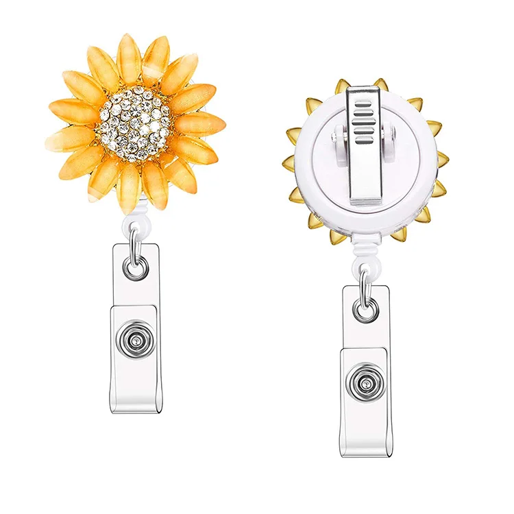 New Design 1 PC Top Quality Crystal Rhinestone Sunflower Retractable Nurse Badge Holder Alligator Clip ID Card Holder Keychains